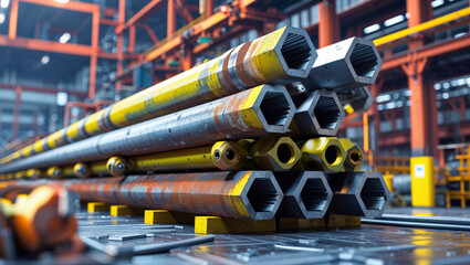 Hexagonal metal bars stacked in a factory showcase industrial manufacturing and engineering processes.