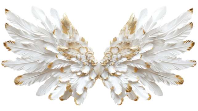 White and gold angel wings isolated. A majestic pair of celestial wings adorned with shimmering gold accents, symbolizing divinity and grace. AI generated.  .