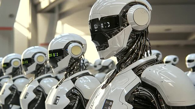 Show a futuristic factory where robots are designing and assembling newer, more advanced versions of themselves