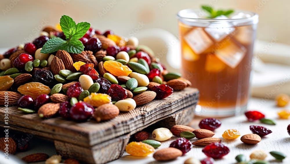 Poster satisfying assortment of nuts and dried fruits paired with refreshing iced beverage on a rustic tabl