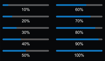 Progress loading bar, 100%, 90%, 80%, 70%, 60%, 50%, 40%, 30%, 20%, 10% loading blue icon. Vector illustration