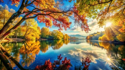 Obraz premium Serene Lake Reflection: Tranquil Landscape Mirror Image