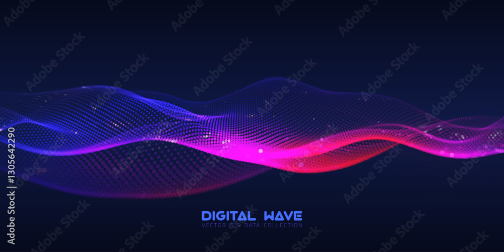 Poster abstract digital audio wave of particles with bokeh. futuristic ai technology. cyber data flow vecto