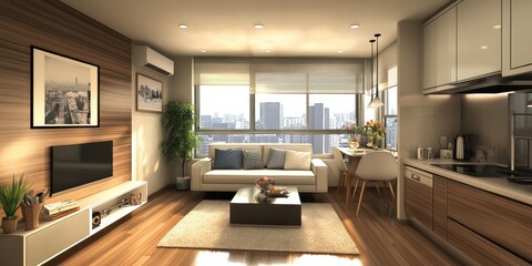 A Modern Apartment Living Area with Kitchen and City Views