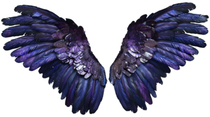 Majestic dark purple angel wings with cosmic glow. Fantasy-inspired celestial feathers with a mystical and magical aura. Wings isolated AI generated.  .