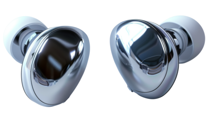 Modern silver wireless earbuds with reflective surface. Sleek and futuristic audio device for music and calls. Earbuds isolated AI generated.  .