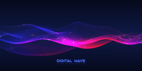 Abstract digital audio wave of particles with bokeh. Futuristic AI technology. Cyber data flow vector concept.