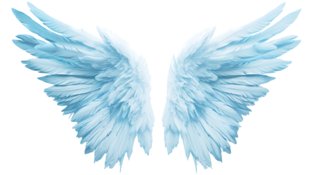 Beautiful light blue angel wings with soft feathers. Symbol of purity, spirituality, and divine protection. Wings isolated AI generated.  