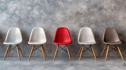 Row of chairs with a red one standing out against a textured gray wall, representing individuality, leadership, and being unique