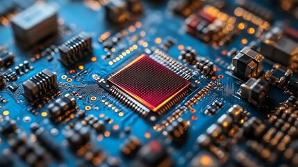 Obraz premium Glowing chip on blue circuit board