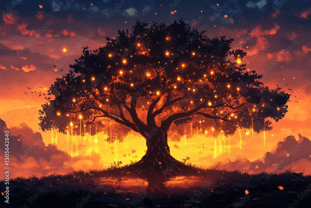 Poster illuminated tree at sunset with glowing ornaments and vibrant sky colors. generative ai