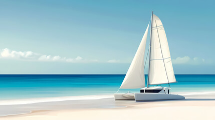 White catamaran sailboat on white background. Escape - Beach. Illustration