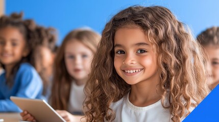 A diverse group of children engaged in learning with tablets in a modern classroom with colorful background. Generative AI