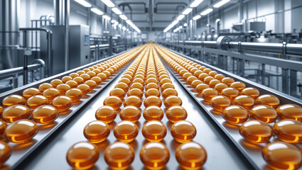 Fototapeta premium Pharmaceutical production: Rows of capsules move along a conveyor belt in a modern factory.
