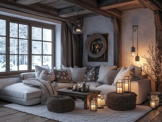 Cozy interior with a window overlooking a snowy winter scene