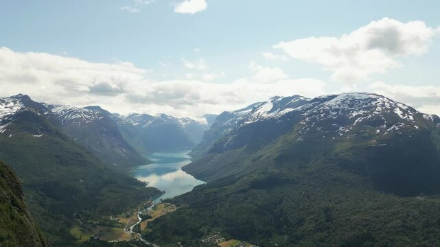 Aerial view, Panorama view over Loen and the inner part of nordfjord, Norway. Lovatnet lake from Leon skylift top in Norway. Olden Leon Norway Skylift Mountain, The village of Leon from Hoven summit, 