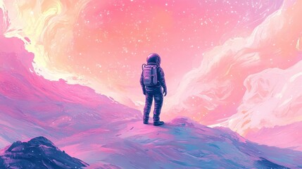 Fototapeta premium An astronaut standing on a planet looking at the colorful atmosphere