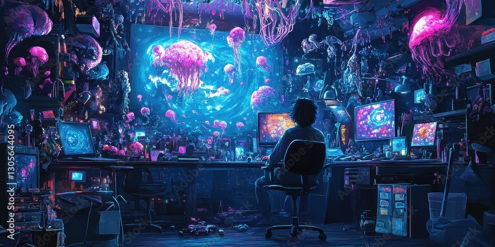 Poster a person seated before computer screens in a futuristic environment