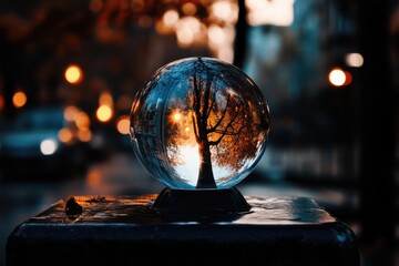 Autumn reflection in crystal ball on city street at dusk