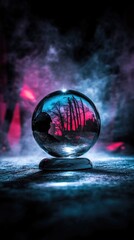 Crystal ball reflecting misty forest with vibrant sky