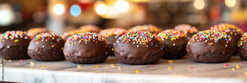 Poster delicious chocolate covered donuts topped with colorful sprinkles served at a bakery during afternoo