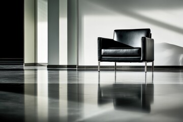 Modern black leather armchair in minimalist sunlit room