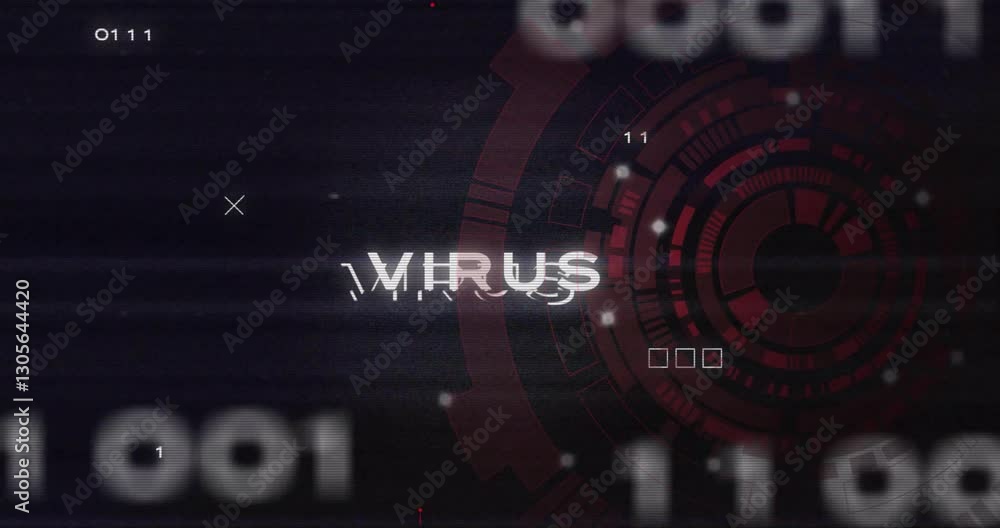 Poster animation of digital virus warning with binary code and red circular patterns