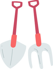 The image depicts a shovel and a gardening fork