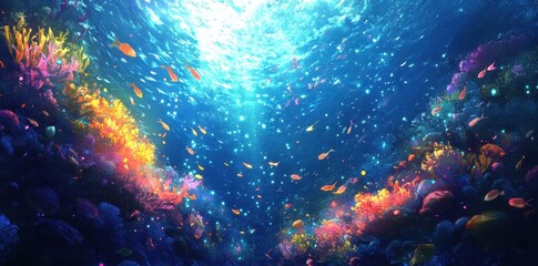 Fototapeta premium Beautiful underwater scene shows colorful corals and swimming fish