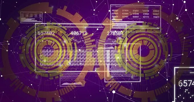 Circular patterns and binary code in digital animation on purple background