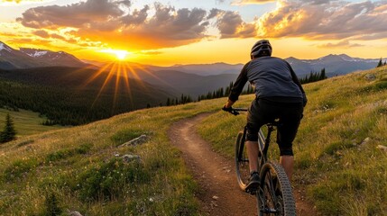 Fototapeta premium A mountain biker navigates a narrow dirt trail surrounded by lush greenery while the sun sets in the distance, casting a warm glow over the scenic mountains and valleys