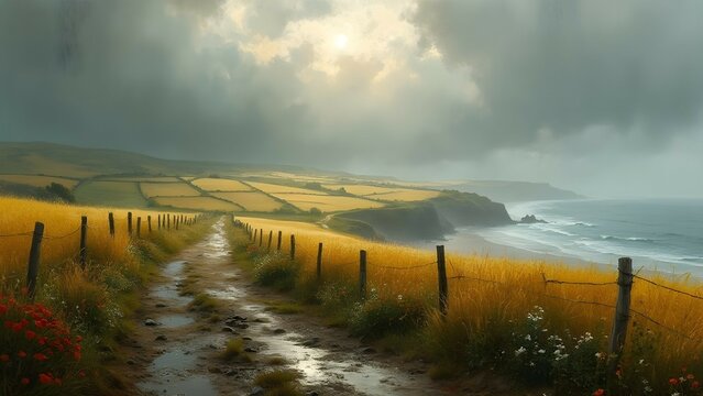 Arable field on rainy dirt road along coast of Cornwall