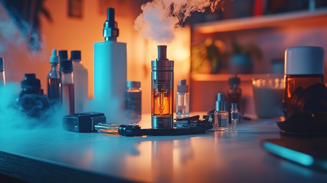 Vaporizer Device And E Liquids On Tabletop