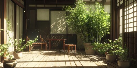 Obraz premium A tranquil outdoor space with wooden architecture and greenery