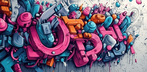 Colorful graphic abstract art painted on a white wall surface