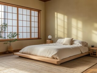 A tranquil bedroom with light wood furniture and natural light