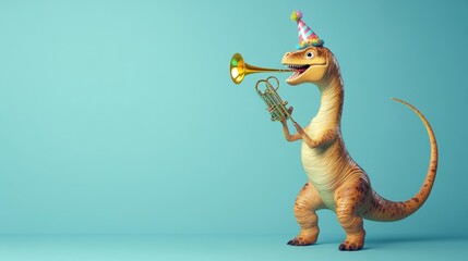 Cartoon Dinosaur Playing Trumpet at Party (1)