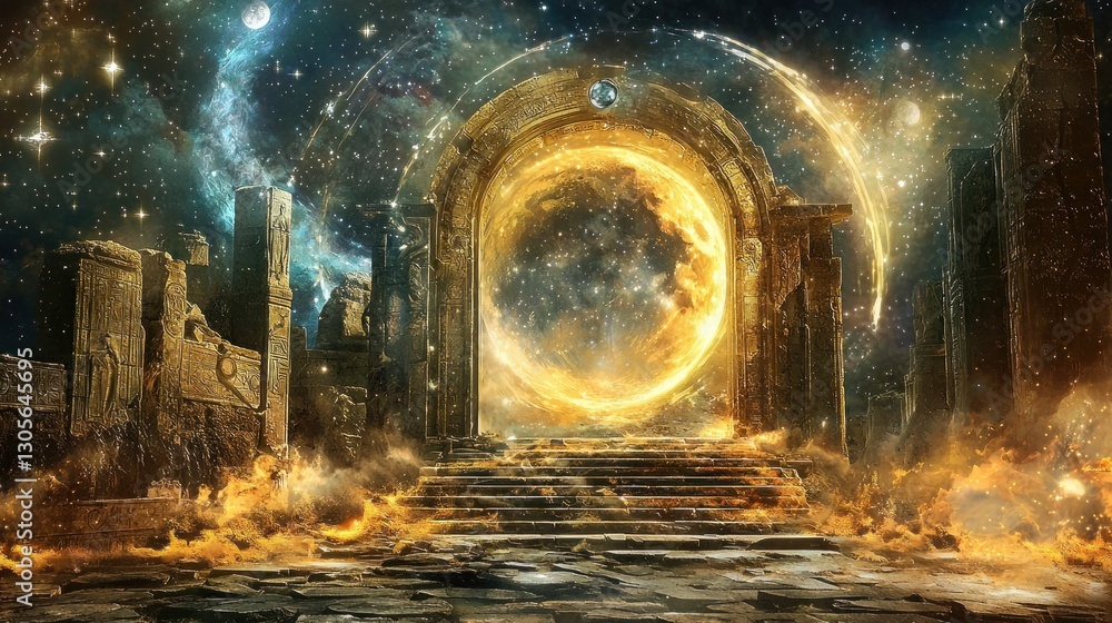 Poster celestial gateway in ancient ruins, fiery steps leading to a moon-shaped portal in space.