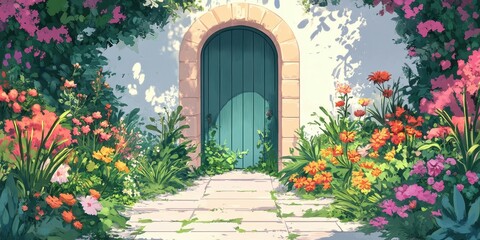 Fototapeta premium A sunlit garden path leads toward a closed green door