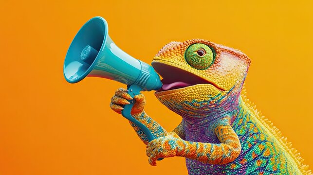 A playful creative announcement showcases a vibrant chameleon as if shouting into a megaphone, with an orange background, merging the elements of wildlife in a light-hearted way