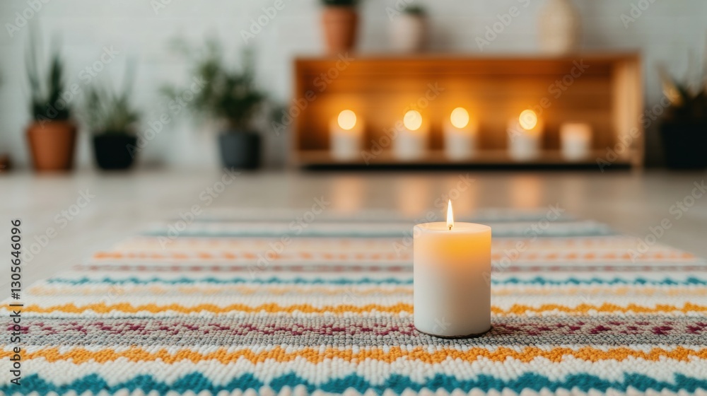 Poster burning candle creating relaxing atmosphere on colorful rug