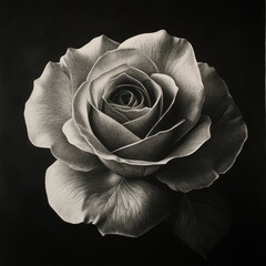 A beautifully detailed black and white illustration of a blooming rose