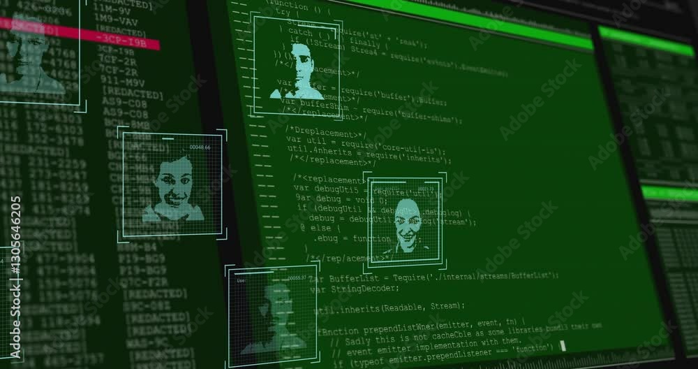 Poster analyzing faces, animation of facial recognition software with green code background