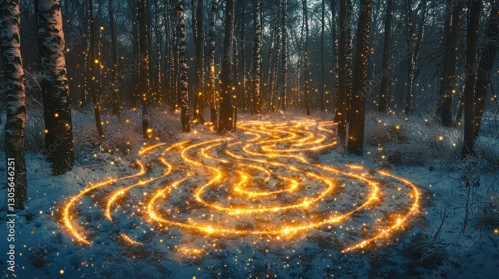 Poster magical glowing path in a snowy forest.