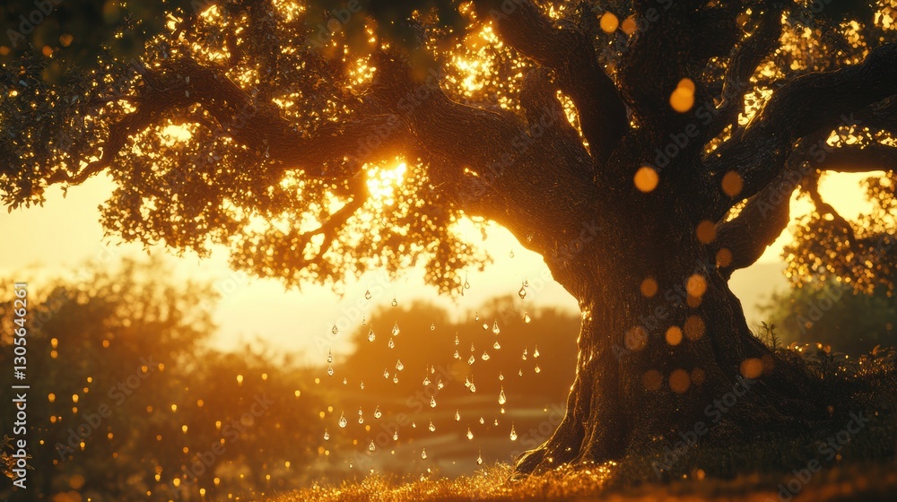 Poster Warm sunlight filtering through leaves illuminates a majestic tree with shimmering droplets at golden hour. Generative AI