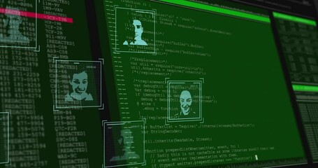 Analyzing faces, animation of facial recognition software with green code background