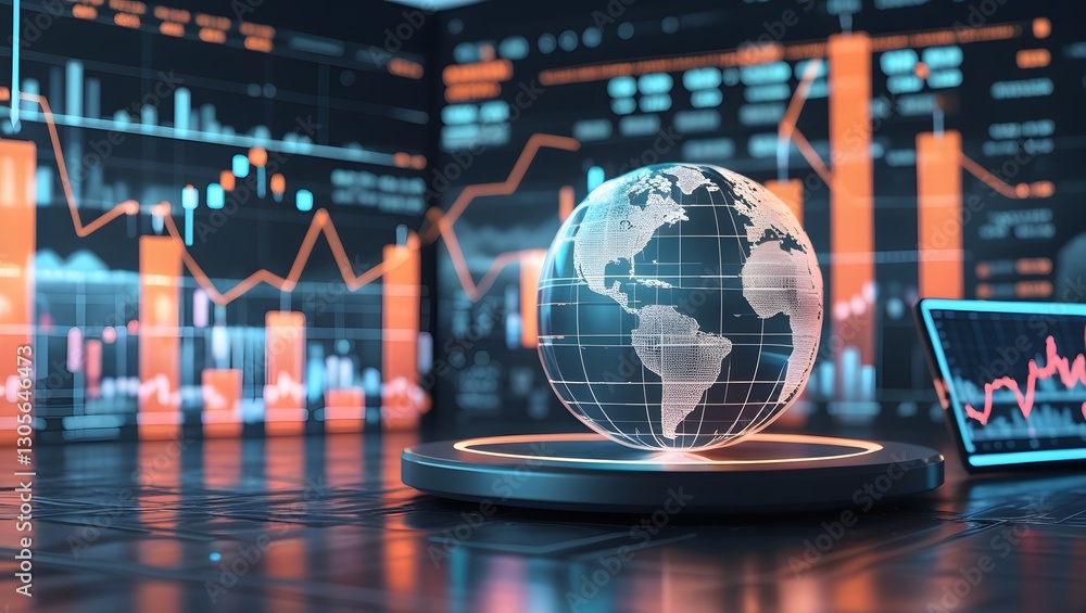Poster global data: a vibrant digital display of the globe surrounded by financial charts, illustrating int