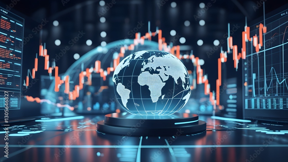Poster global market dynamics: an illustrative visualization depicts a world globe illuminated amidst dynam