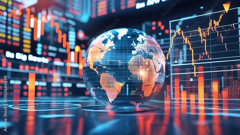 Poster global markets: a glowing globe of the world is centrally positioned amidst an array of fluctuating 
