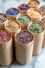 Dried flower petals in various colors, arranged in small paper containers.